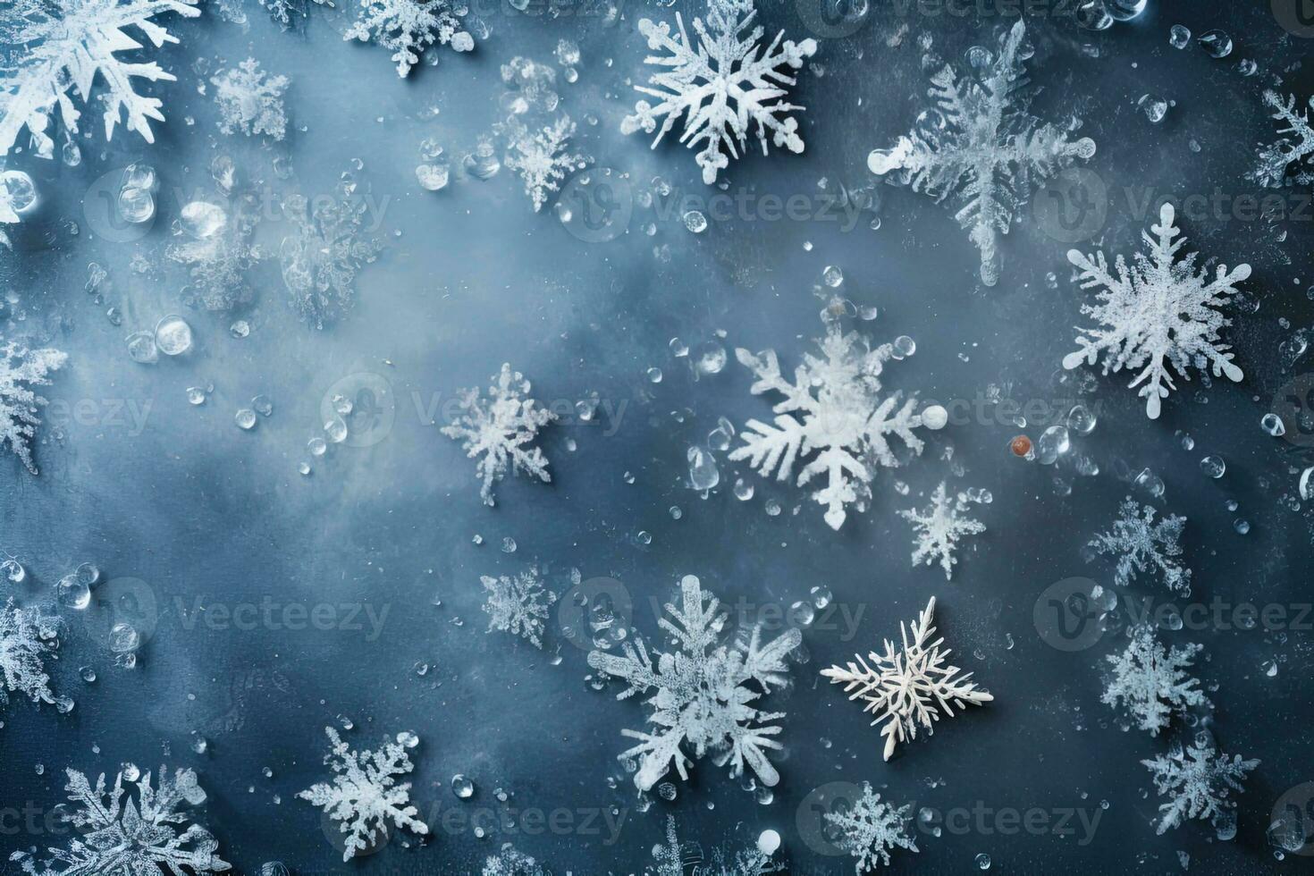 Close up snowflakes abstract frozen blue christmas winter background photo