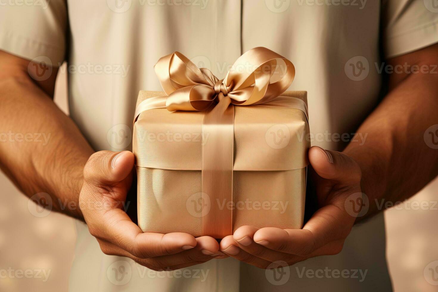 Close up of a hands presenting a gift in a golden gift box with a ribbon with his hands on a blurred background photo