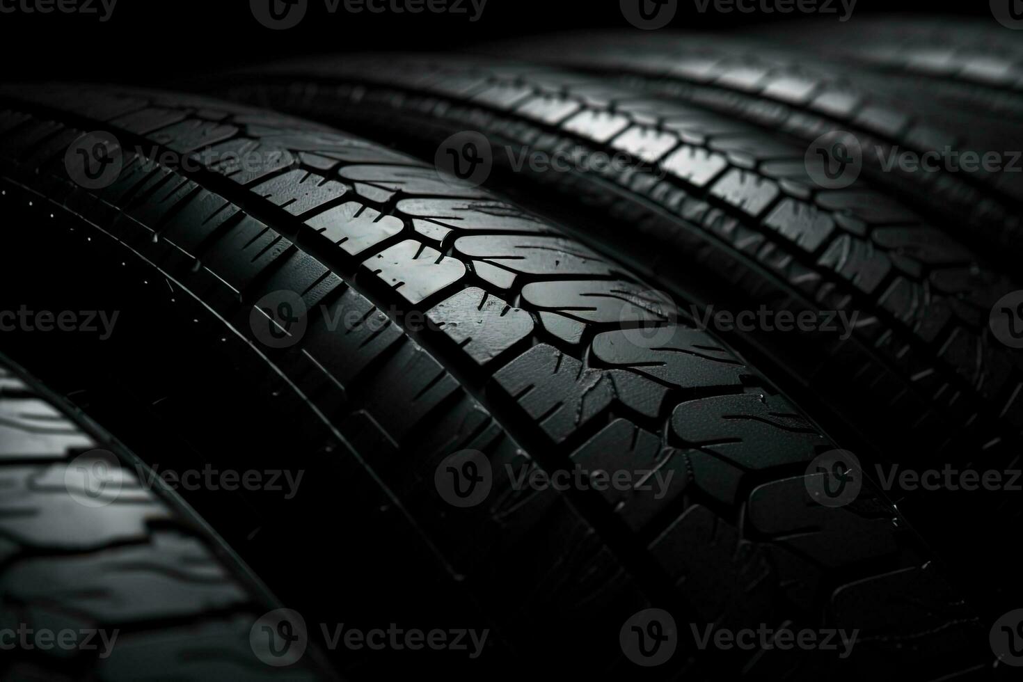 New black rubber car tires on a dark background in low key photo