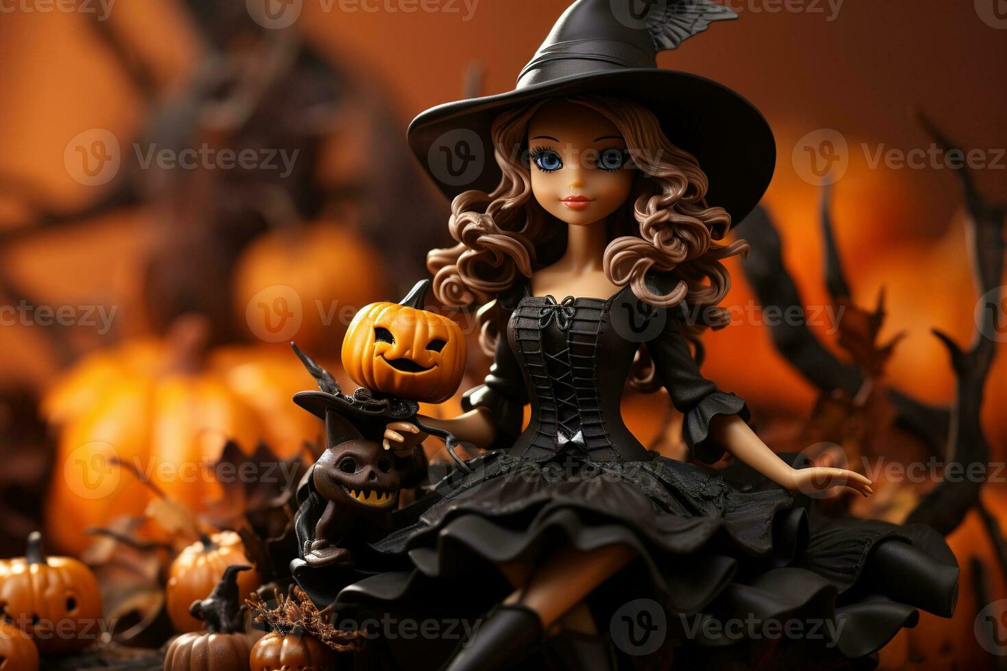 Cute and adorable brunette doll in a witch costume with a pumpkin on a blurred halloween background, generative ai photo