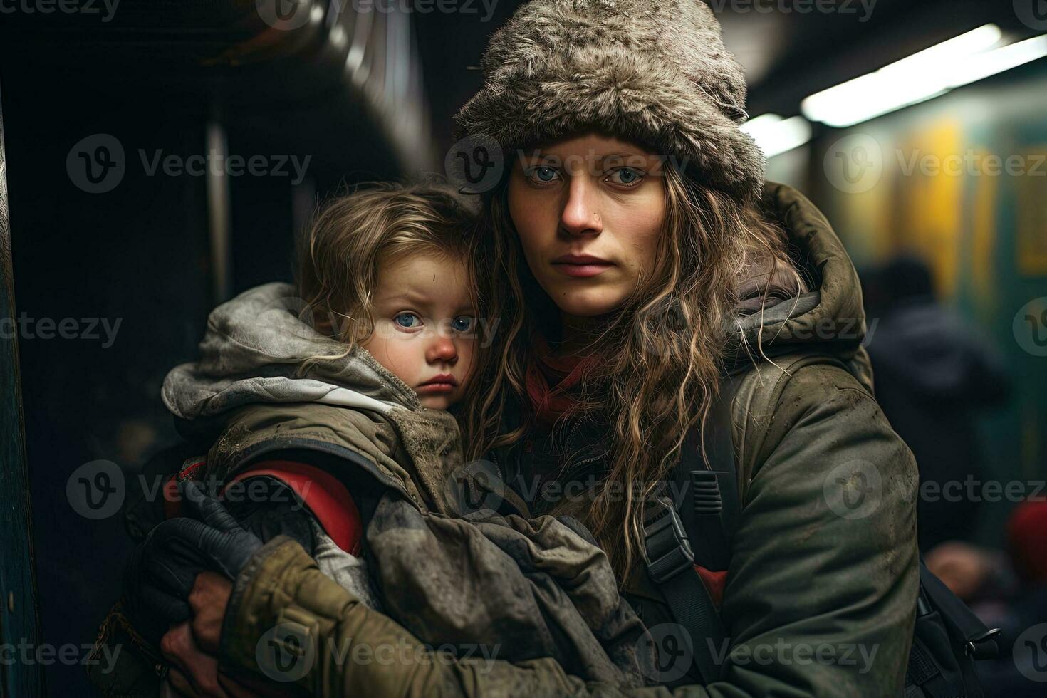 A poor homeless blue-eyed refugee woman in worn out clothes and a hat hugs her daughter at a subway station. photo