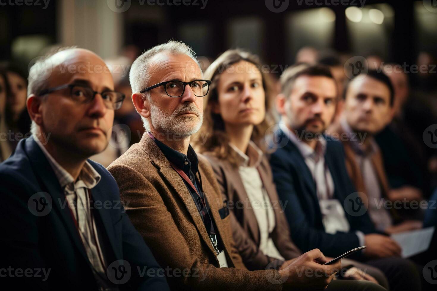 un grupo de grave de edad mediana personas escuchando atentamente, a un conferencia, un audiencia a un seminario, taller o capacitación, generativo ai foto