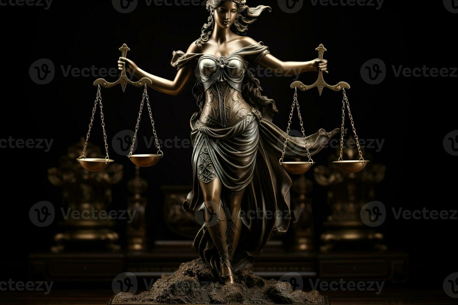 bronce estatua de el diosa de justicia themis en un oscuro antecedentes foto