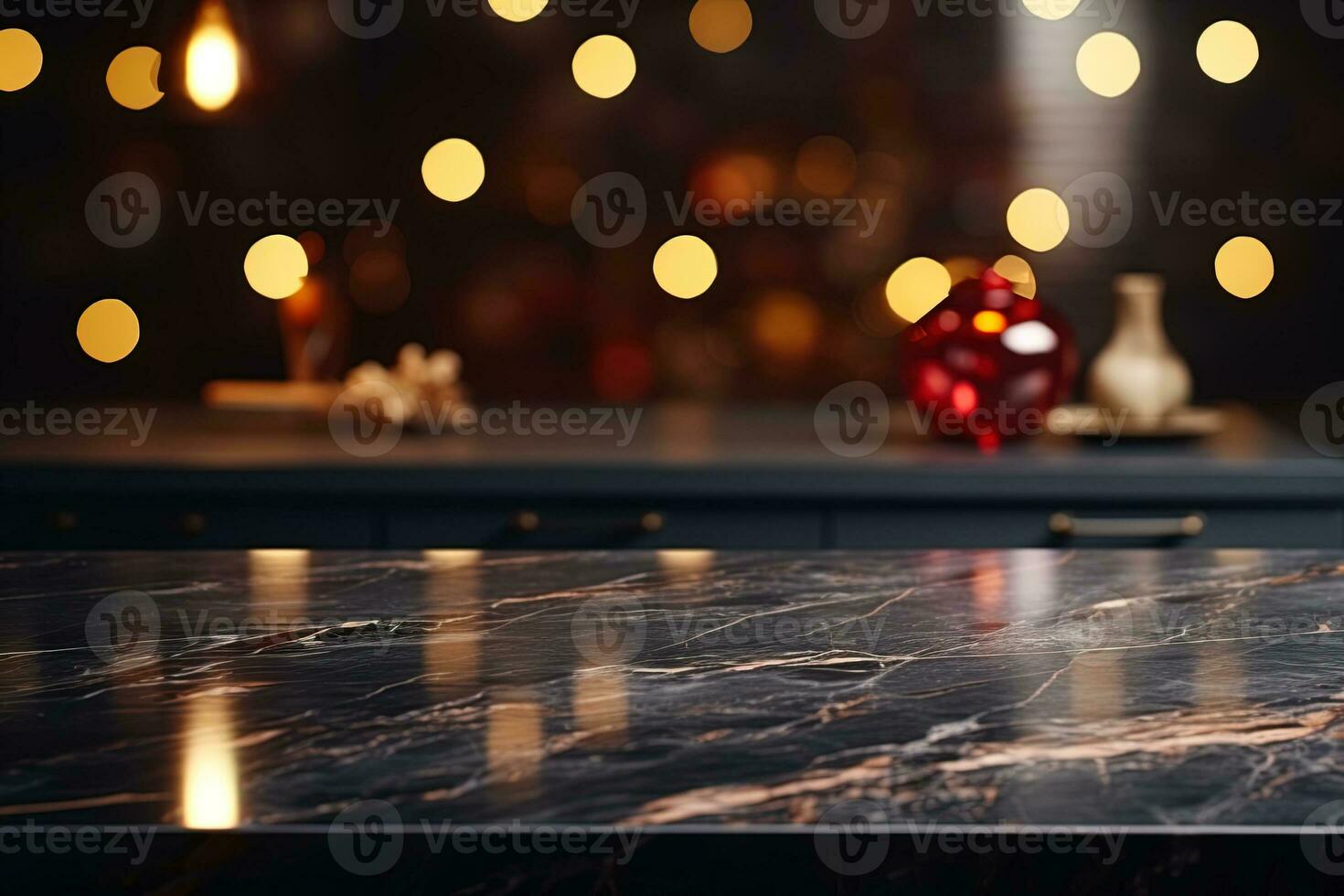 Selective focus of dark blue marble countertop. Luxury kitchen bokeh background photo