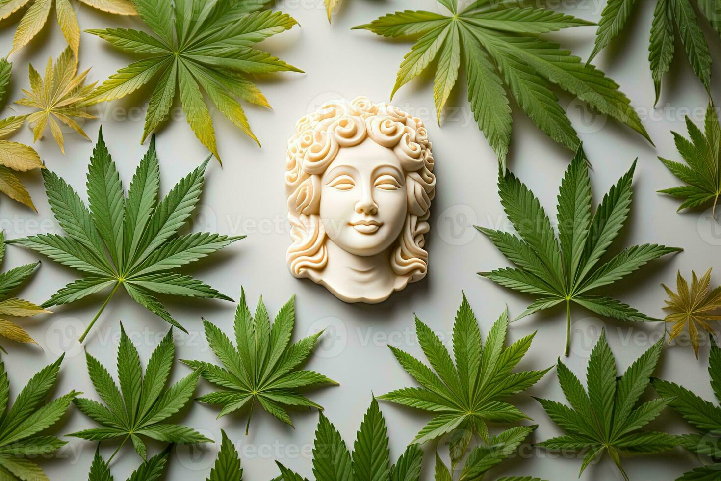 antique bas-relief of a female head surrounded by hemp leaves photo