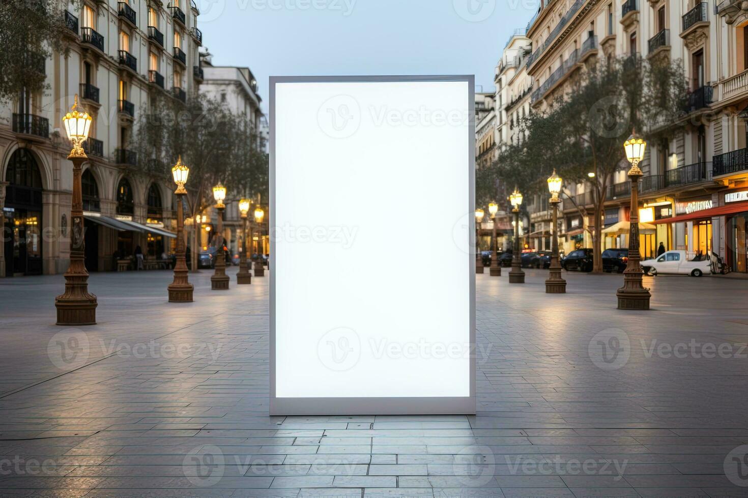 large white empty advertising screen on the evening street with lanterns. Mock up or copyspace photo