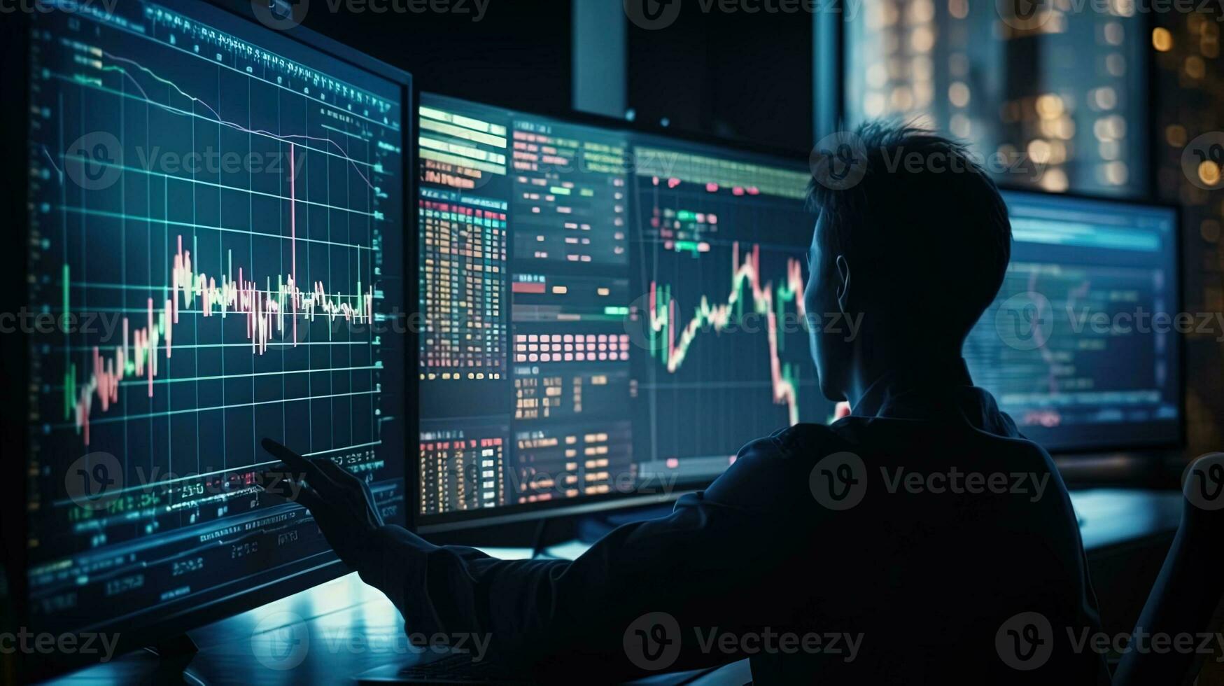 Forex market businessman touching a monitor in front of stock trading graphics images photo