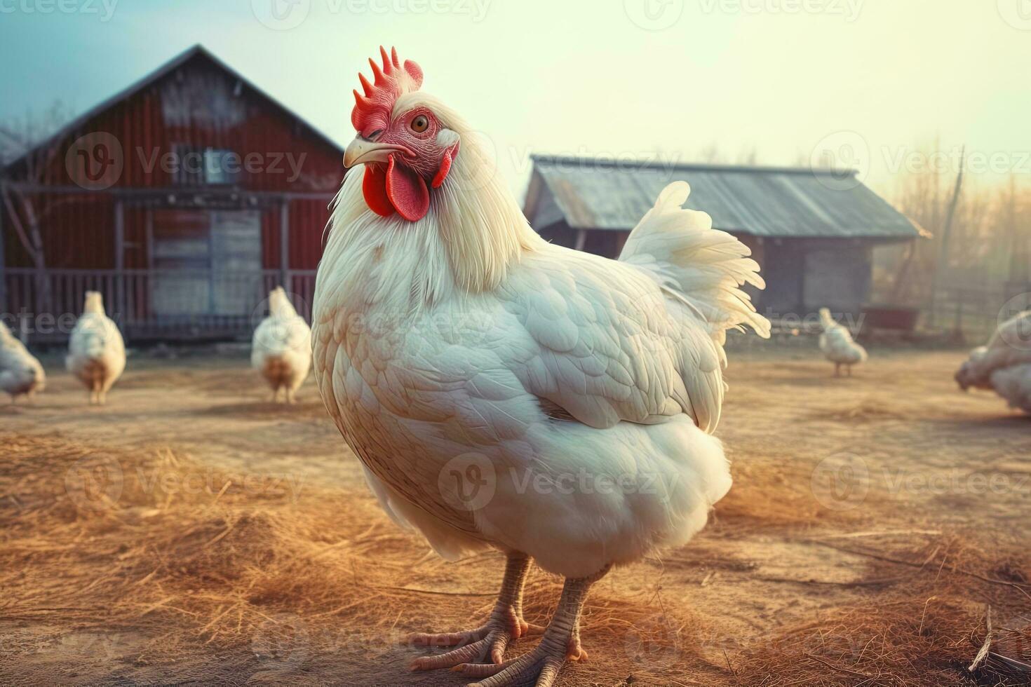 white free range chicken stands on a farm, blurred background photo