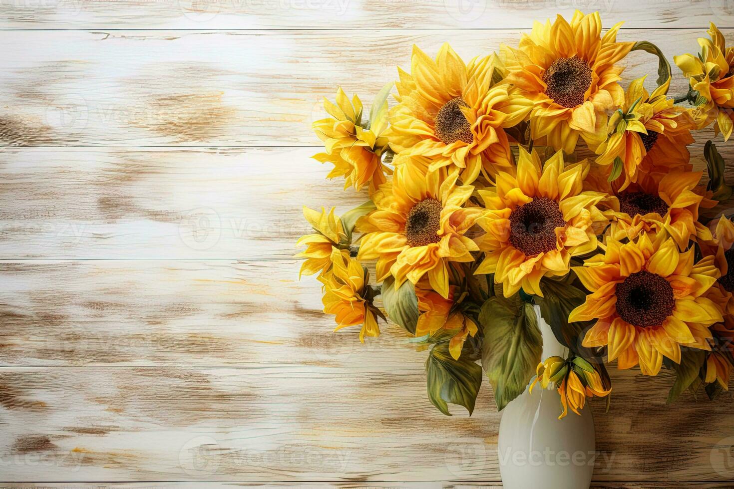 Beautiful bouquet of sunflowers in a vase on a wooden table top background, floral autumn template flat lay with copy space photo