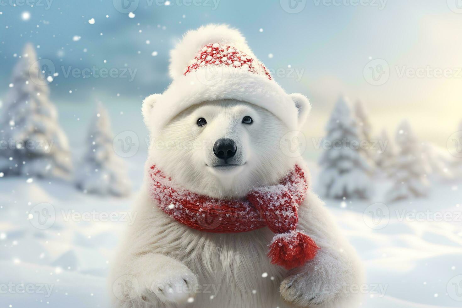 Cute little polar bear dressed as a santa claus on a winter landscape background photo