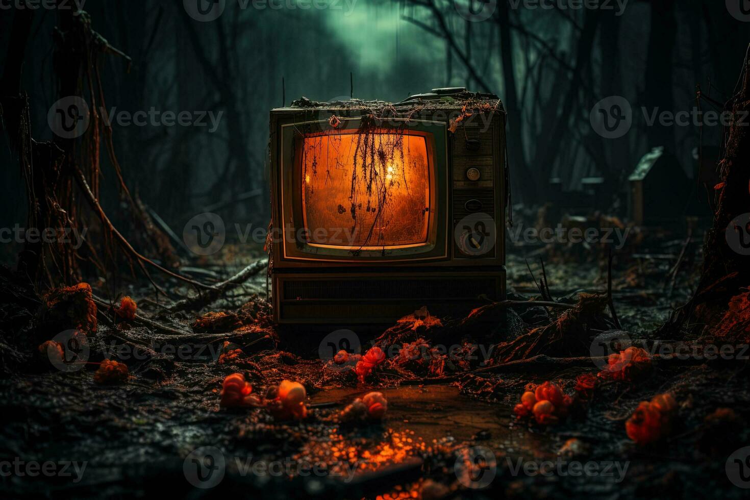 An old TV with a screen glowing yellow against the backdrop of a dirty dark scary swamp forest photo