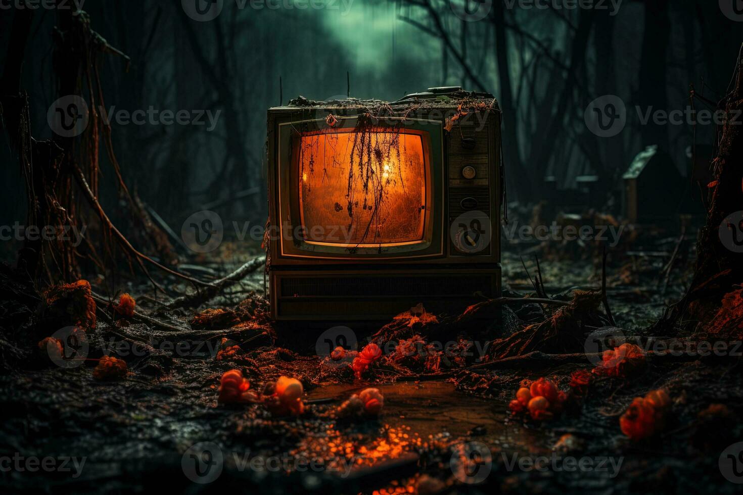 An old TV with a screen glowing yellow against the backdrop of a dirty dark scary swamp forest photo