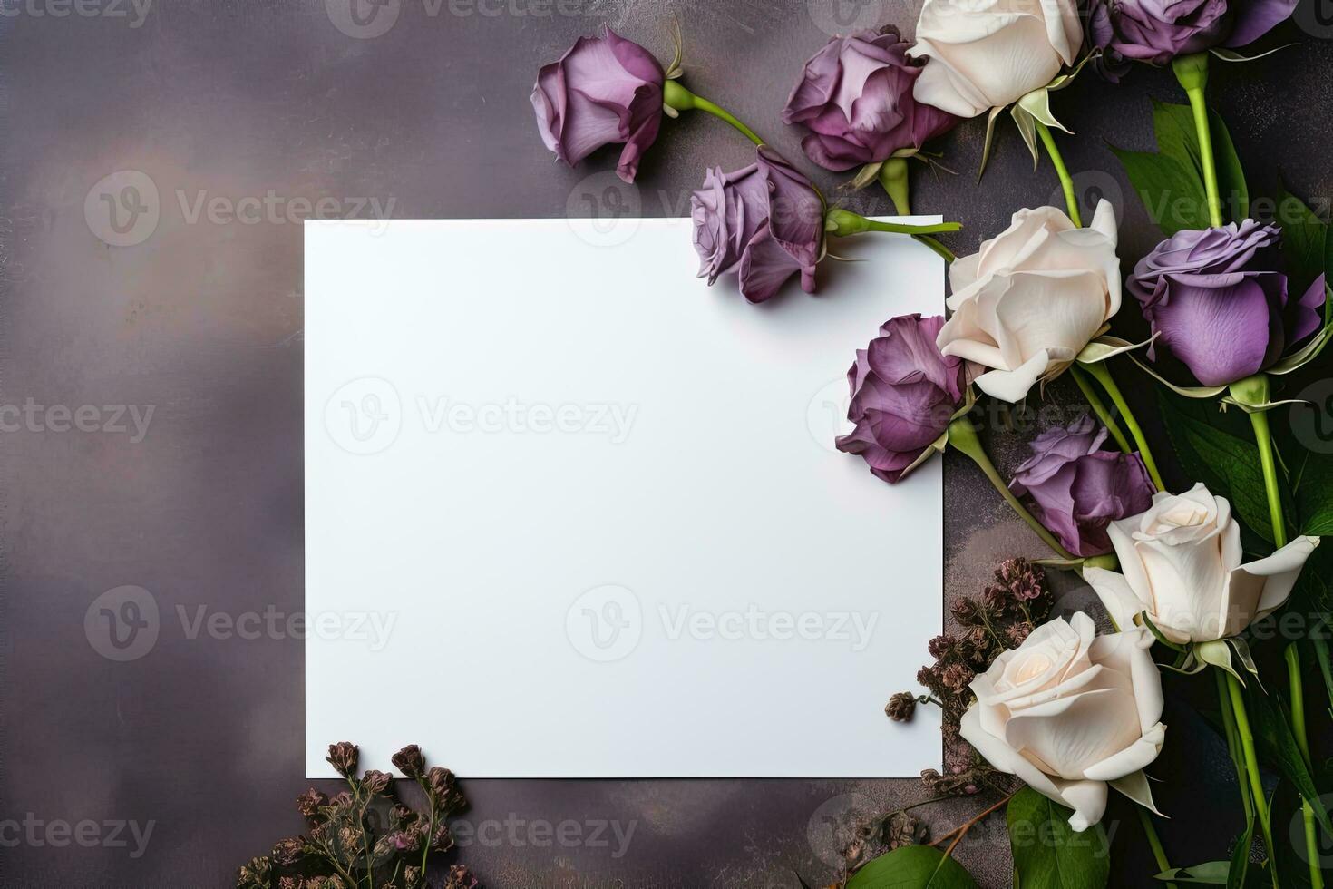 mockup white blank paper sheet with purple roses flowers top view, floral template empty card flat lay for design with copy space photo