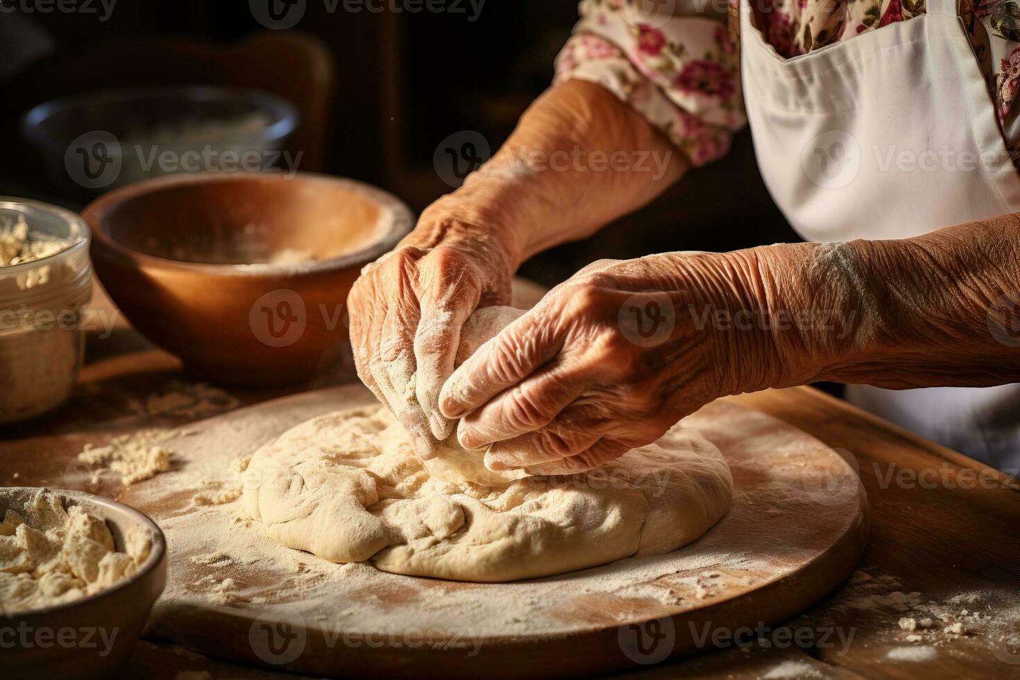 hands of an elderly woman kneading dough in the kitchen photo