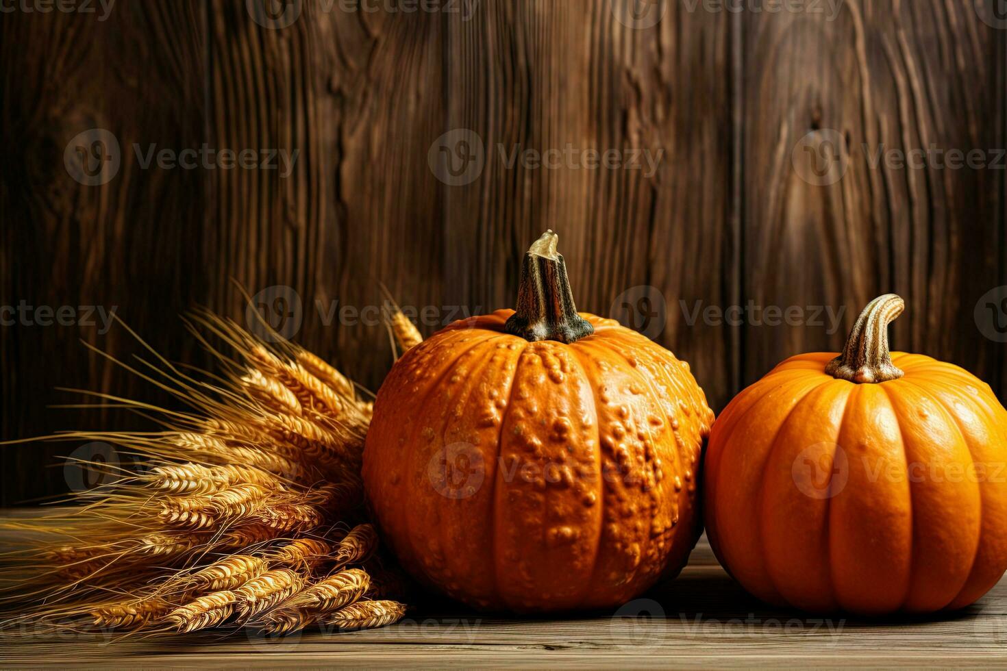 Two orange pumpkins and a bunch of wheat on a dark wooden background. Halloween or thanksgiving concept photo