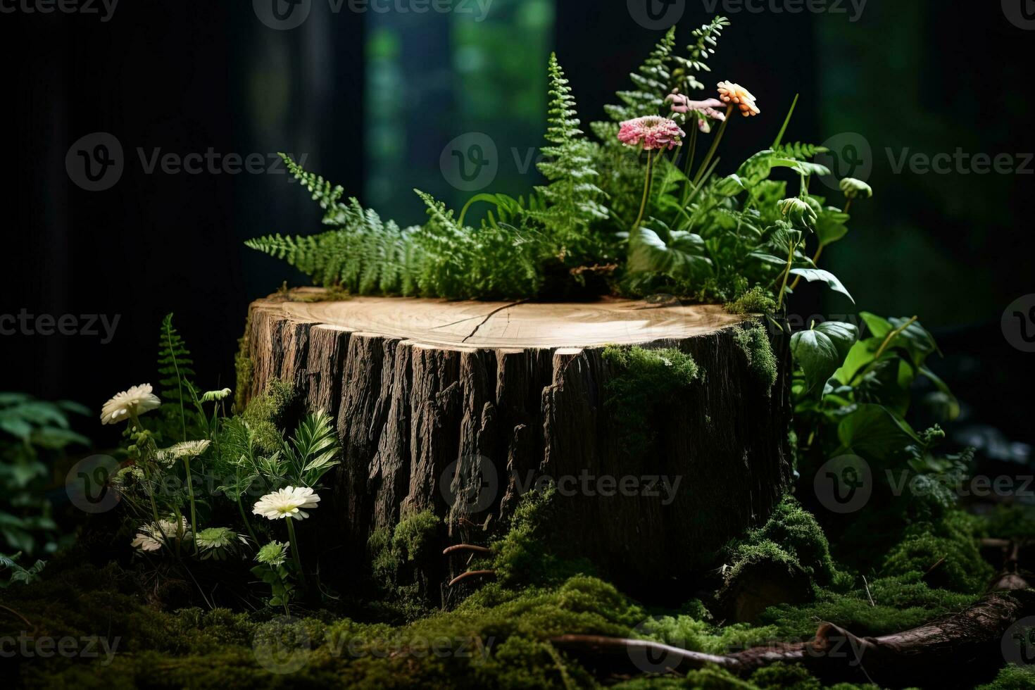 A large tree stump in a green forest, illuminated against a blurry dark forest background. Background for advertising ecological natural organic products photo
