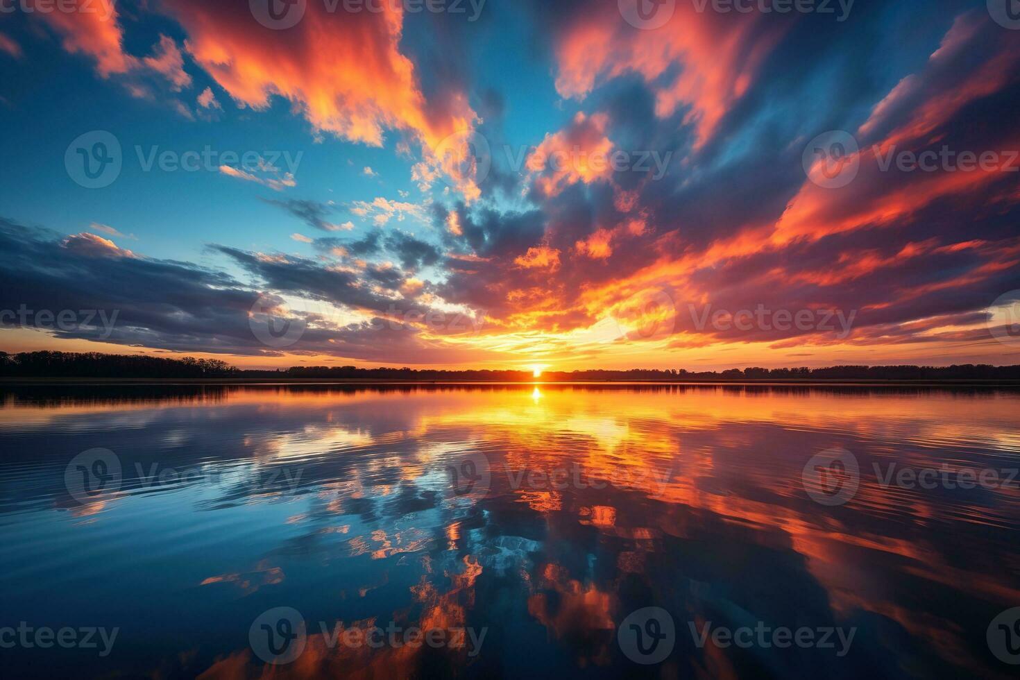 Bright colorful golden clouds at sunset over a beautiful calm forest lake reflecting the sky photo