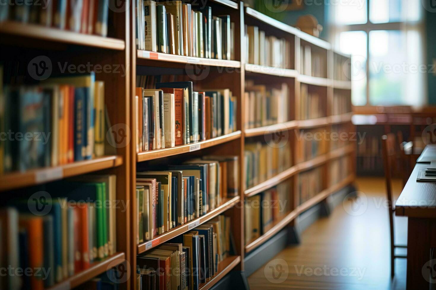 Abstract blurred background of school library bookshelves and table photo