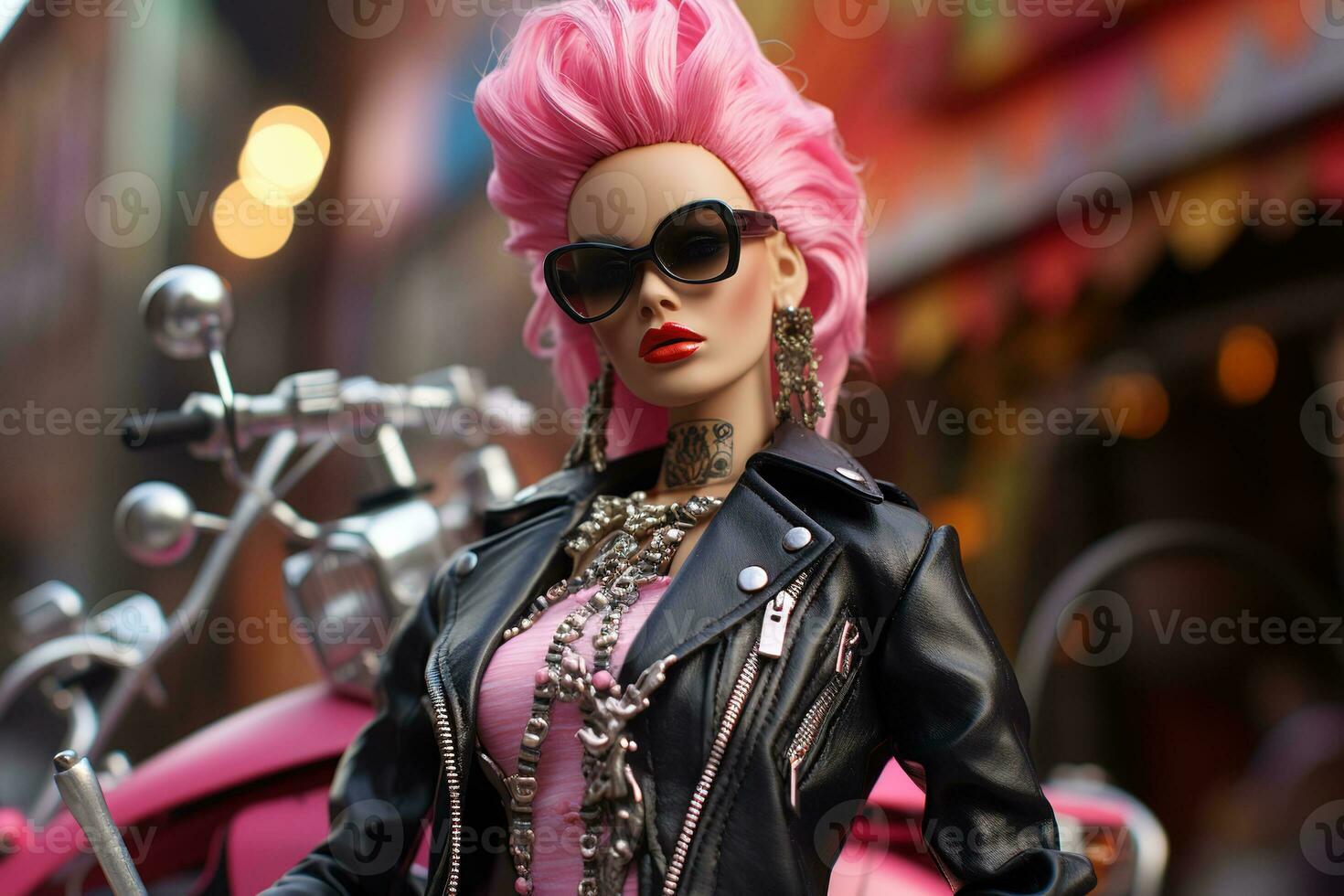 Pink haired pretty punk doll woman in leather jacket with pink bike on a background photo