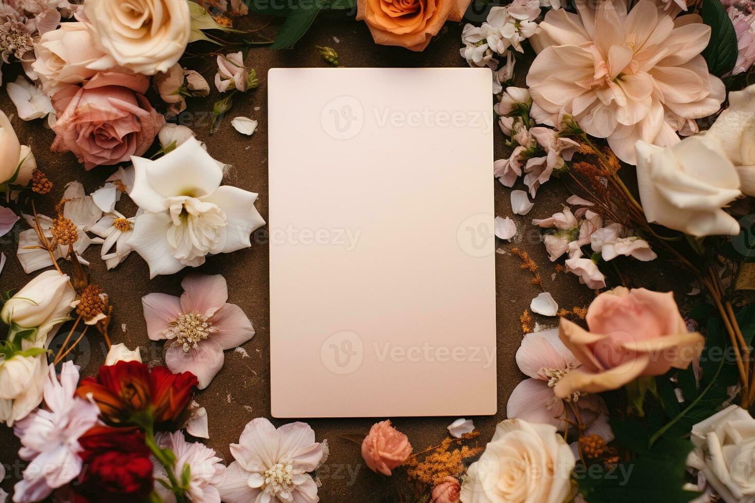 A blank sheet of paper on the sand surrounded by flowers. Top view of invitation card, advertisement and postcard mockup photo