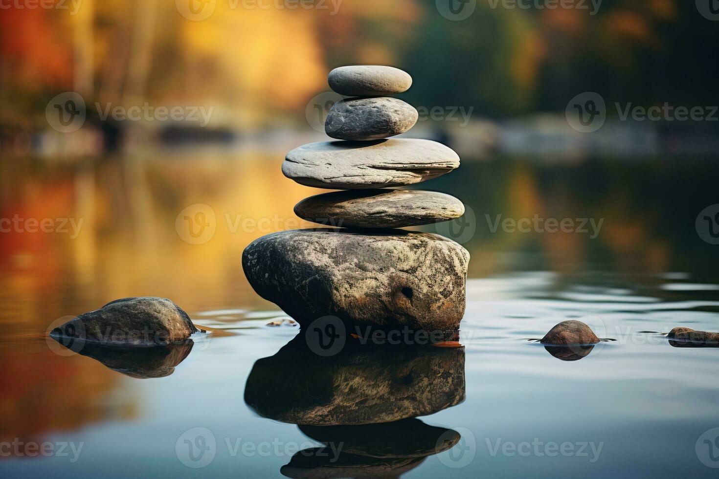 Balancing zen stone pyramid on the shore of a bright autumn forest lake photo