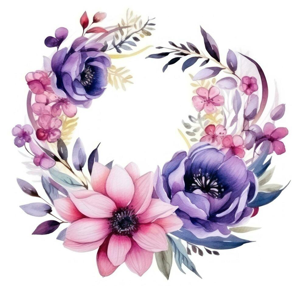 watercolor Floral wreath with pink and purple flowers photo