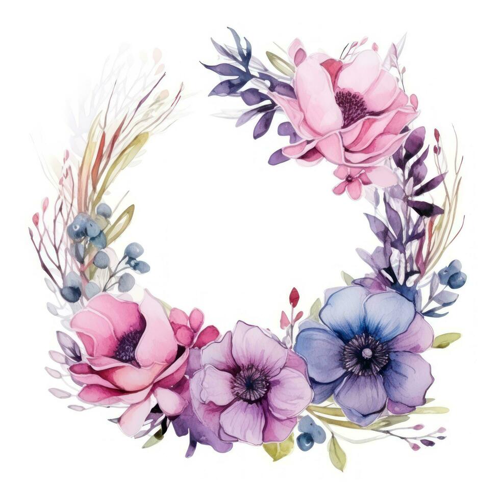 watercolor Floral wreath with pink and purple flowers photo