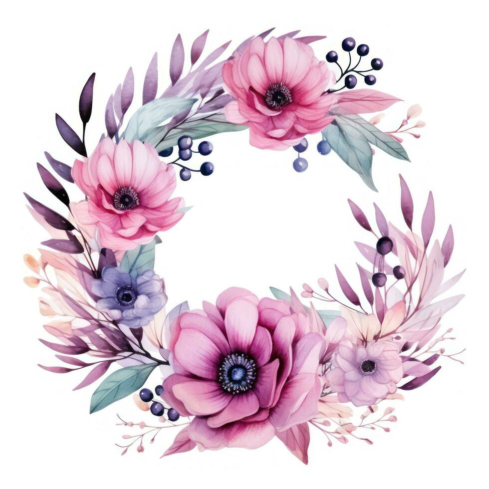acuarela floral guirnalda con rosado y púrpura flores foto