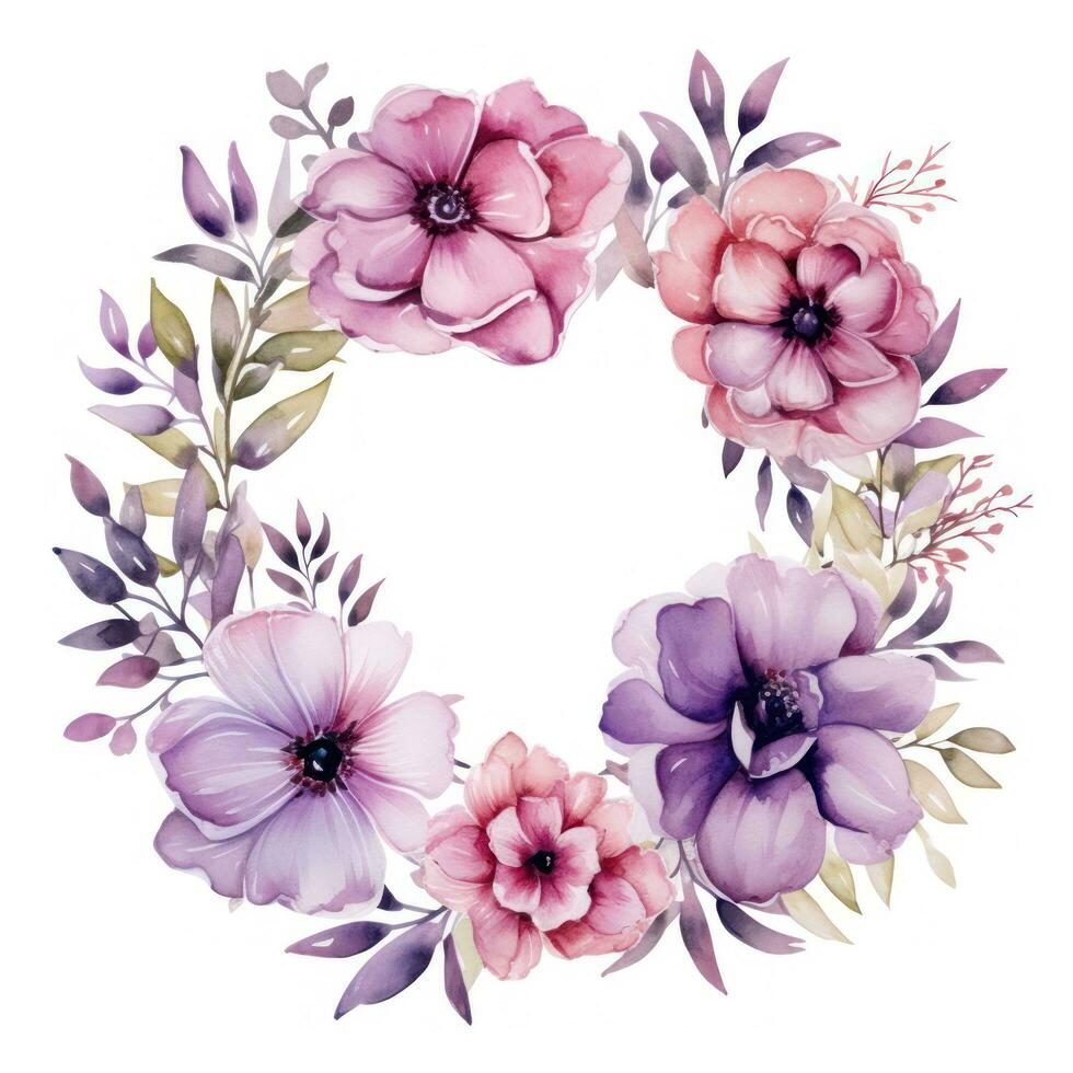 watercolor Floral wreath with pink and purple flowers photo