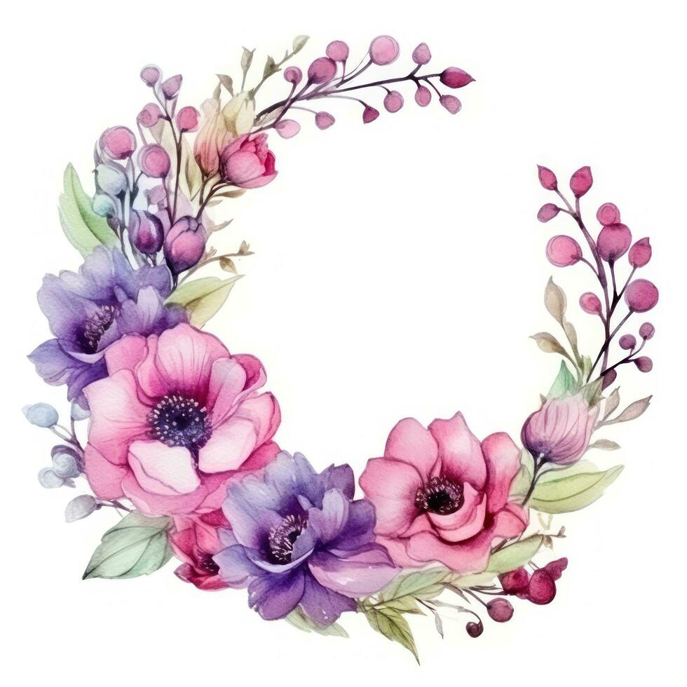 watercolor Floral wreath with pink and purple flowers photo