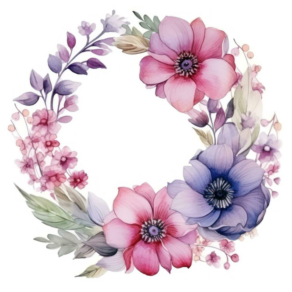 watercolor Floral wreath with pink and purple flowers photo