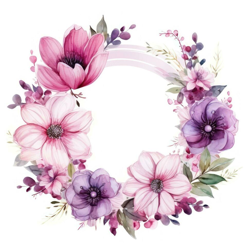 watercolor Floral wreath with pink and purple flowers photo