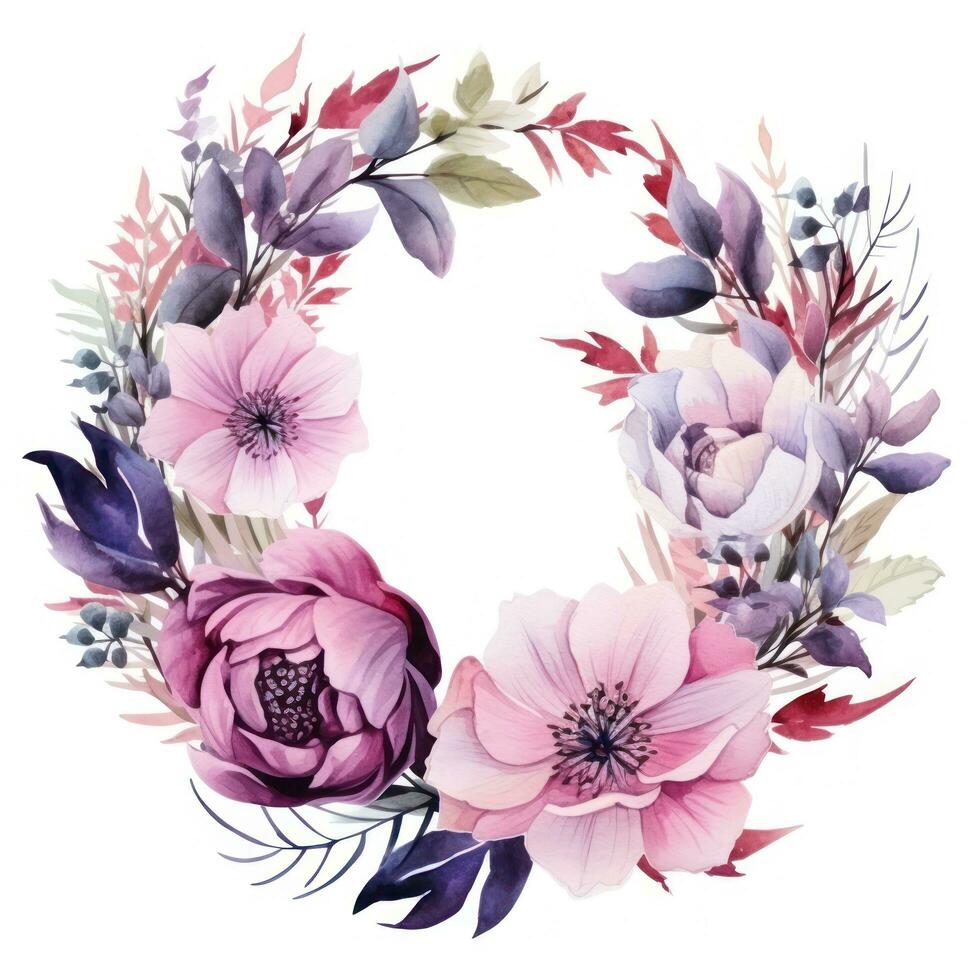 watercolor Floral wreath with pink and purple flowers photo