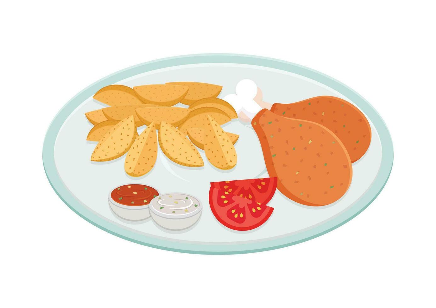 plato con crujiente pollo alas, porciones papa, rebanadas de tomate, salsa de tomate y mayonesa salsa vector plano diseño. rápido comida cena plato vector ilustración en blanco antecedentes