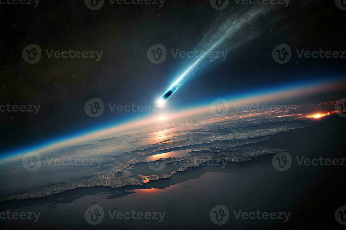 Comet passing close to earth seen from space ai digital illustration