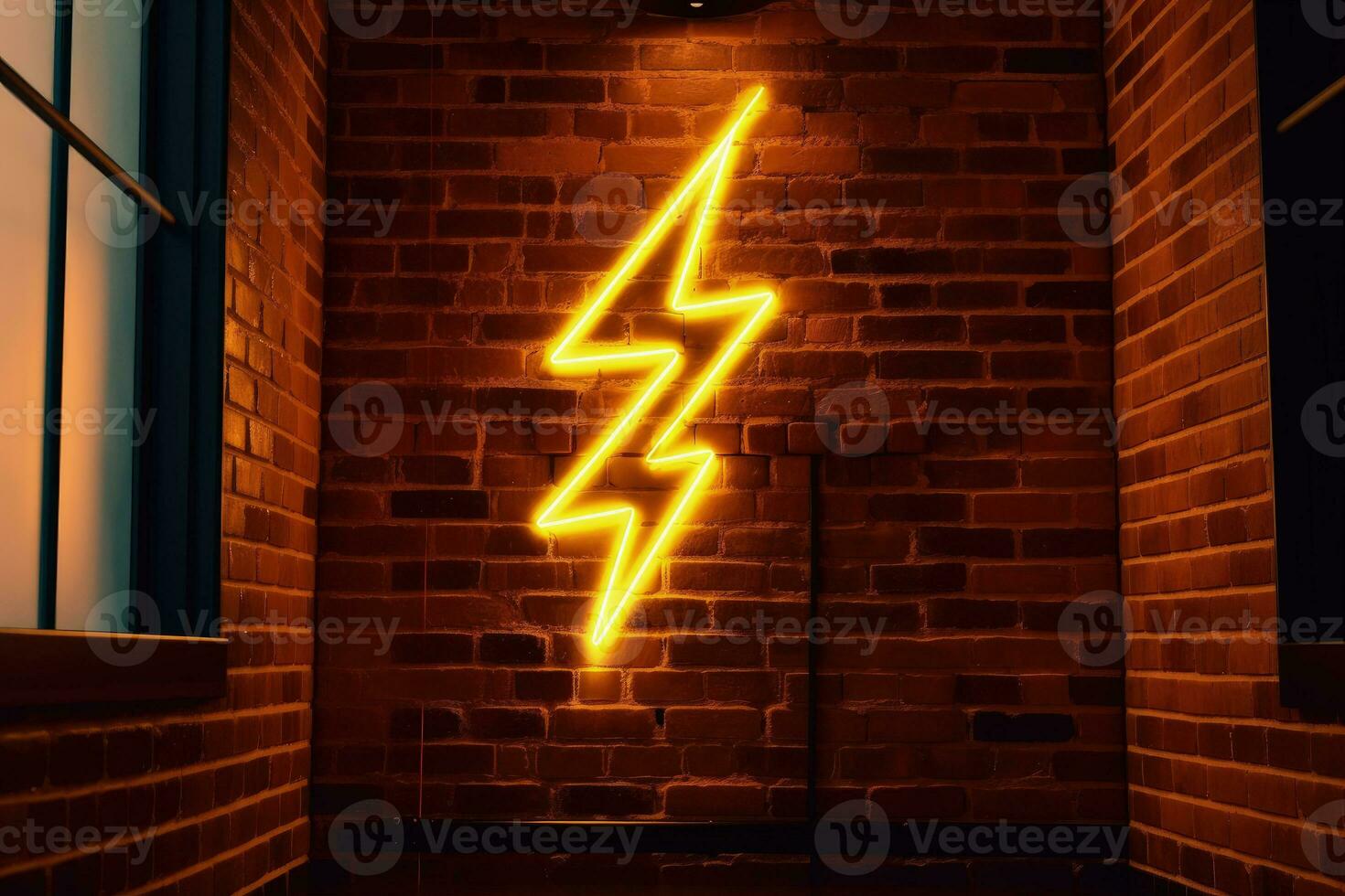 Neon light lightning on brick wall, digital illustration. Generative AI photo