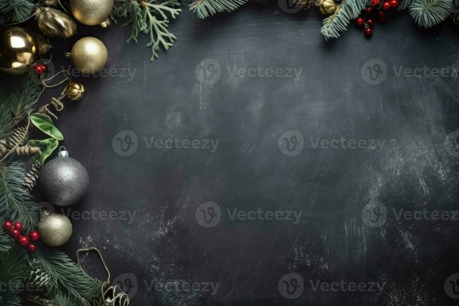 Christmas decoration on blackboard background, space for writing, digital illustration. Generative AI photo