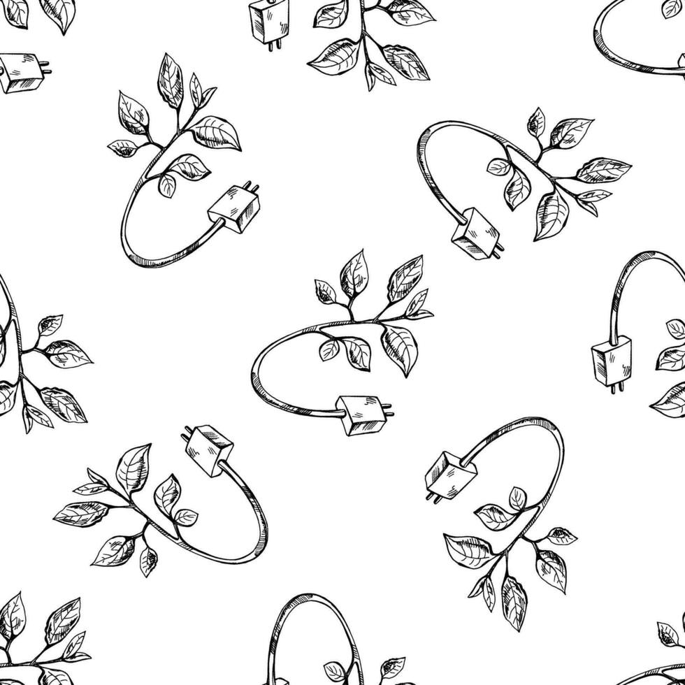 Seamless pattern of hand-drawn black-and-white charger fused with a branch. Illustration in sketch style. Eco energy concept. Leaf Plug Environment. Vintage, doodle. vector