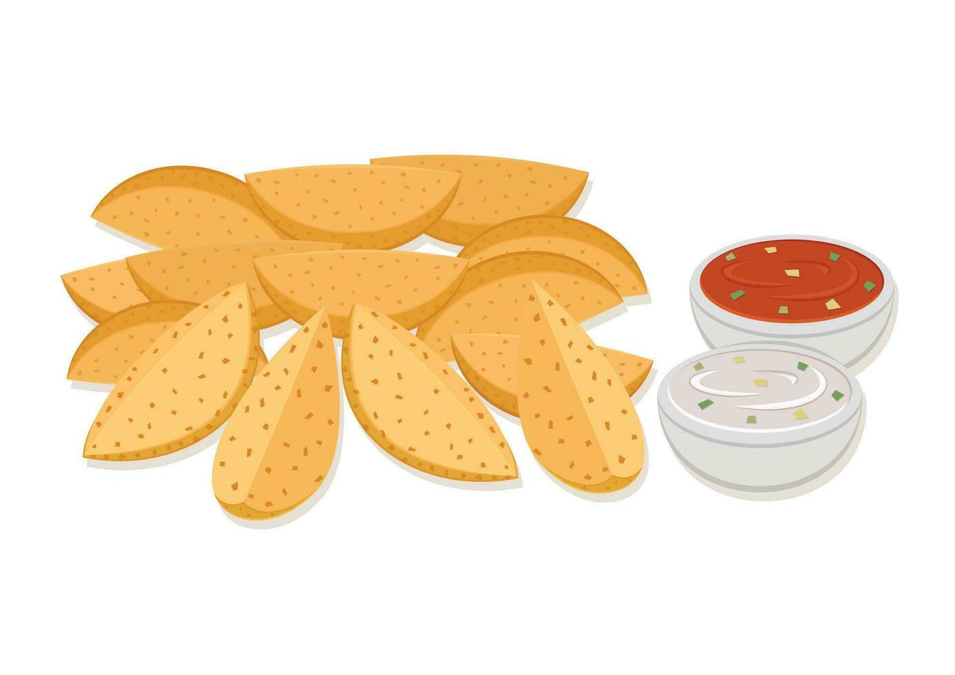 Crispy wedges potato with ketchup and mayonnaise sauce vector flat design. Fast food wedges potato vector illustration on white background