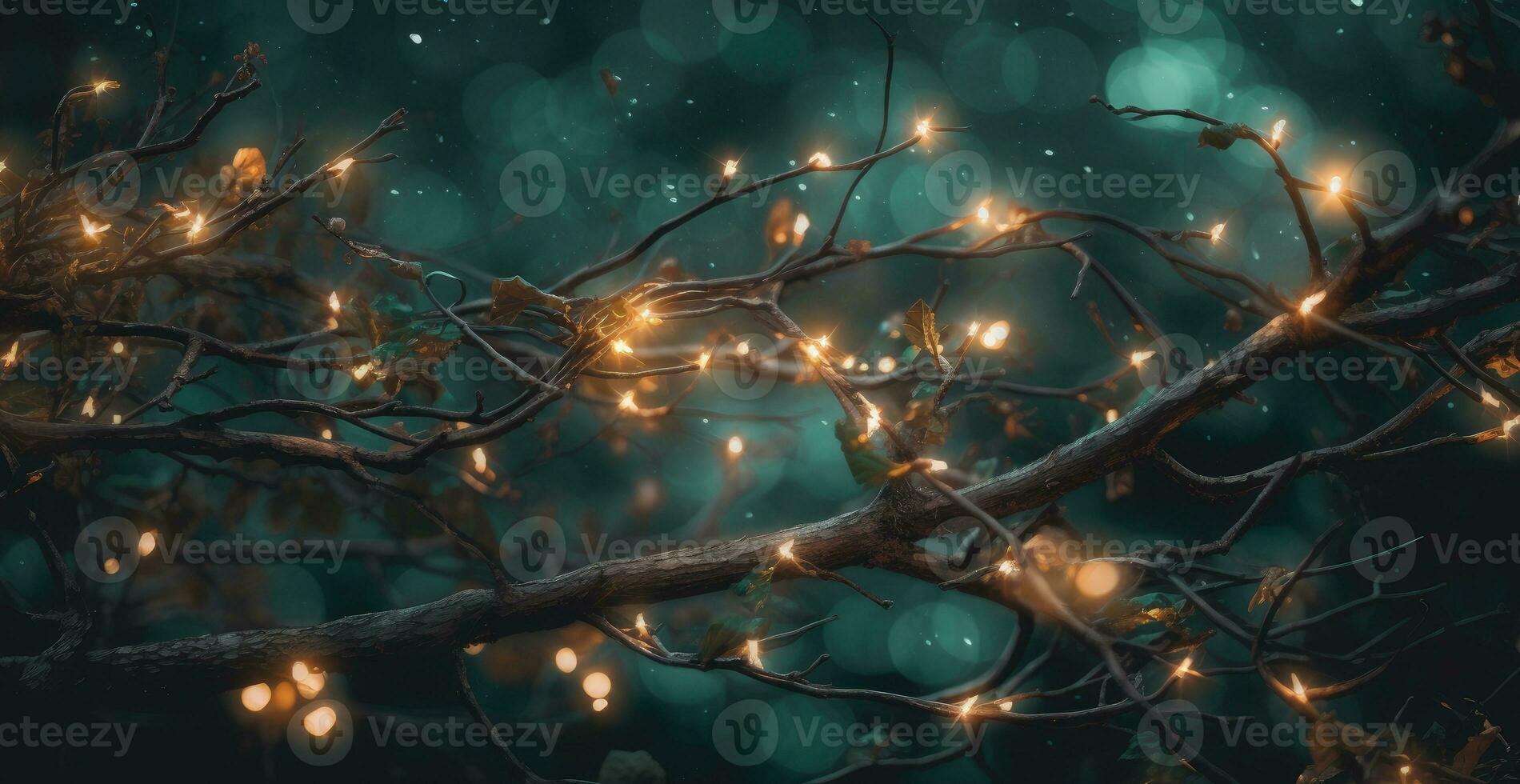 Tree branches with lights, christmas concept, fundo bokeh, digital illustration. Generative AI photo