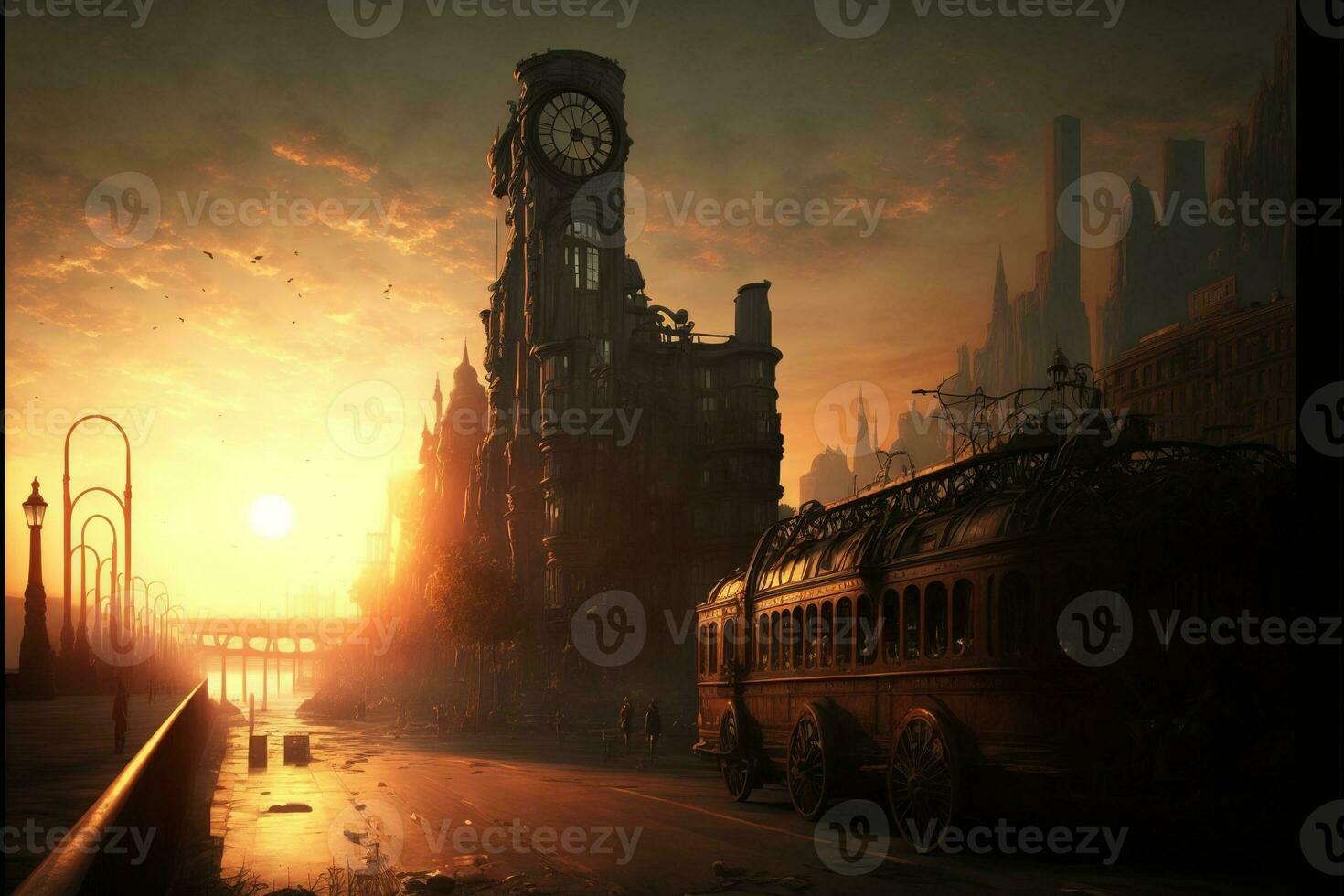 Iron train with city in the background with sunset, steampunk style. AI digital illustration photo