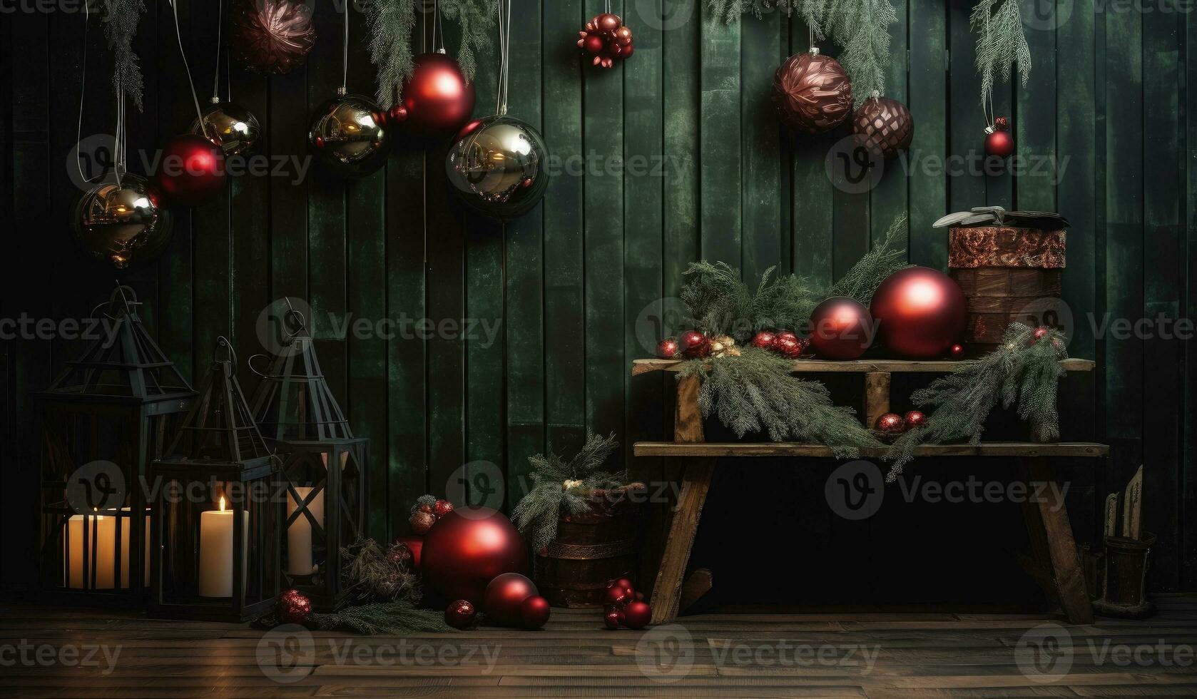 Christmas tree balls, pine branches, wooden background, Christmas decoration, digital illustration. Generative AI photo