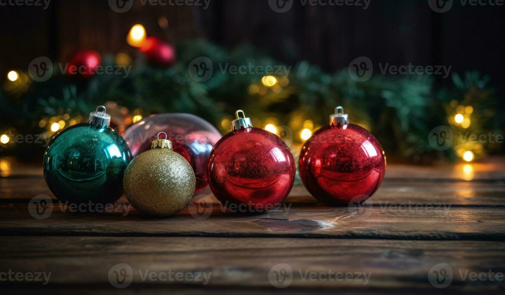 Christmas tree balls, pine branches, wooden background, Christmas decoration, digital illustration. Generative AI photo