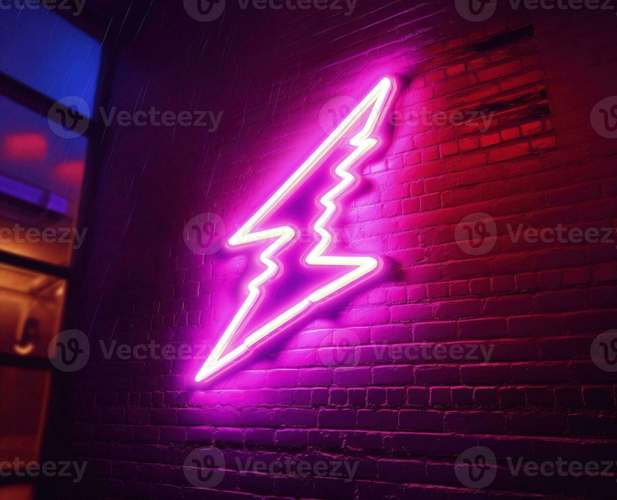 Neon light lightning on brick wall, digital illustration. Generative AI photo