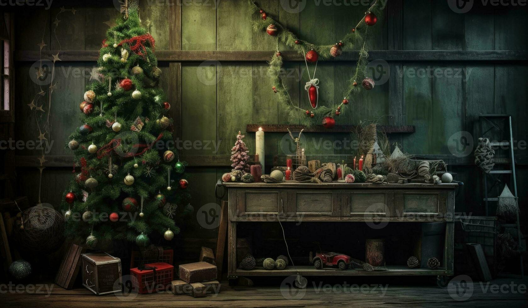 Christmas themed background, tree, gifts, christmas concept, digital illustration. Generative AI photo