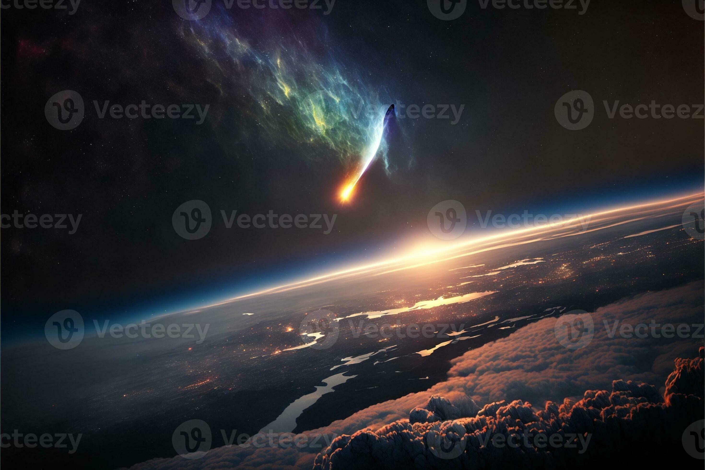 Comet passing close to earth visualization from space ai digital