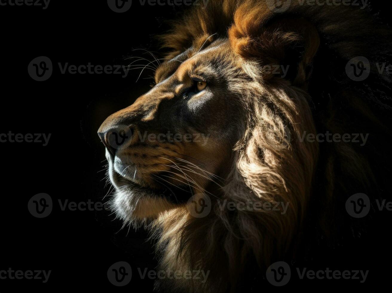 Imposing lion on black background, digital illustration. Generative AI photo