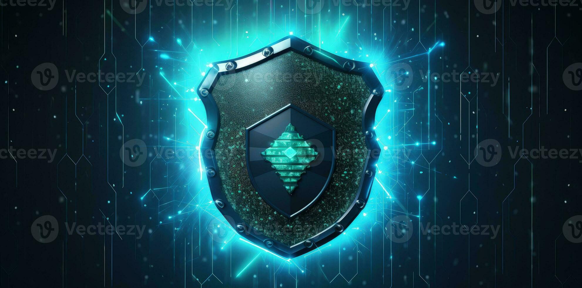 Antivirus shield with green neon lights in background, technology concept. Generative AI photo