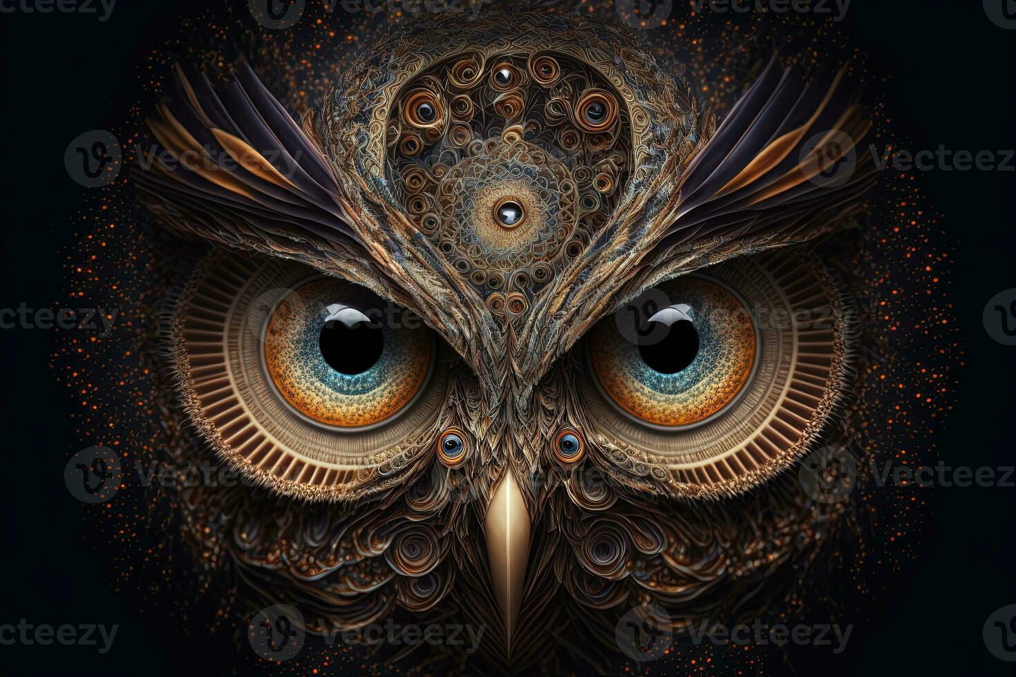 Digital illustration of the face of a mystical owl with incredible shapes. Generative AI photo