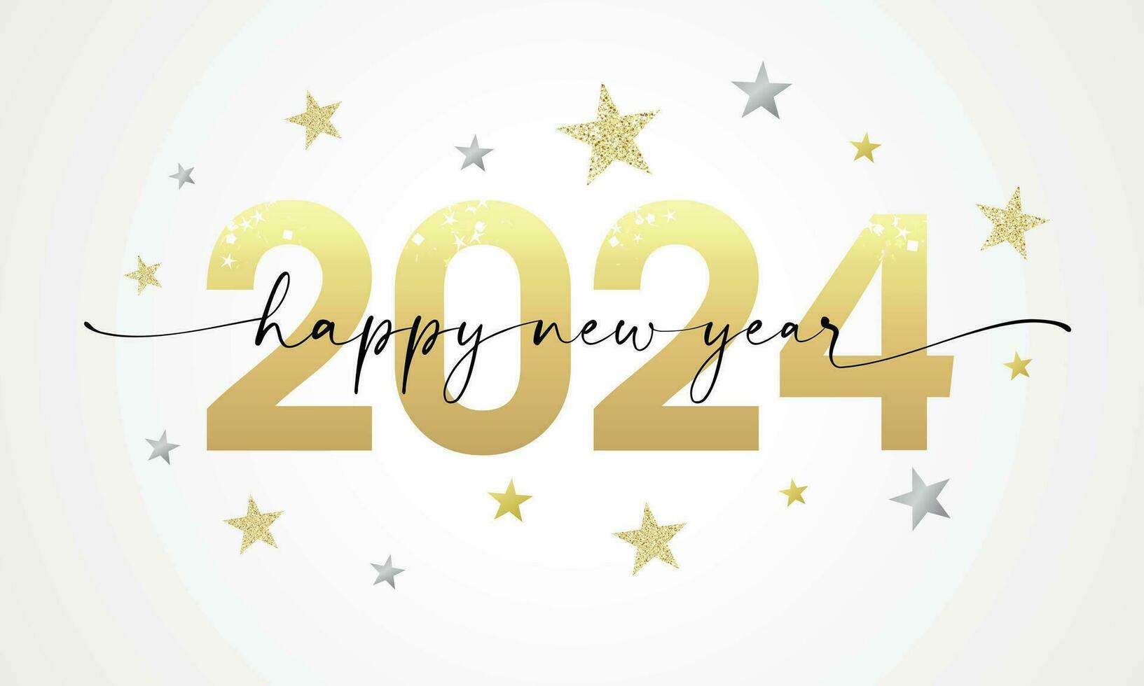 contento nuevo año 2024 letras con dorado número, brilla y estrellas. vector
